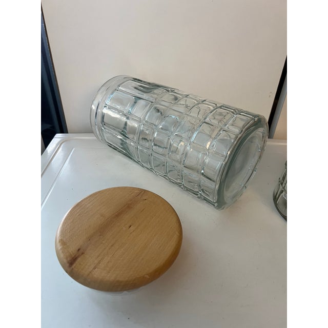 Vintage 1990's Heavy 2+ lb Waffle Checked Clear Glass Canister Jars with Wood Lid . * 9 1/2” tall x 5” diameter. * 3.75...