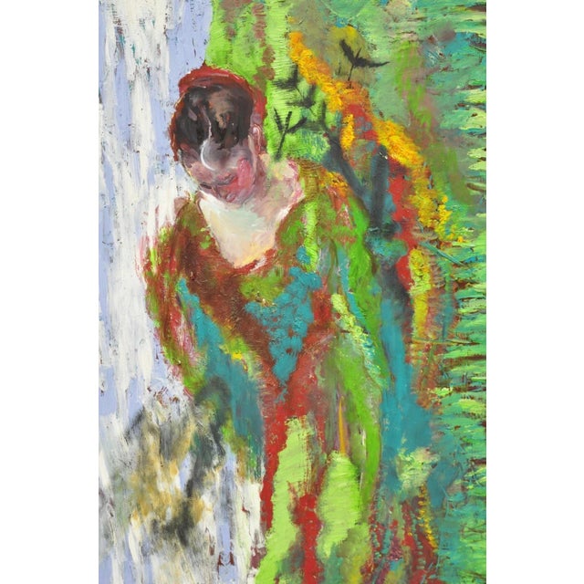 Large Impressionist Style Young Woman in Field Oil on Wood Board Framed Painting For Sale - Image 4 of 15