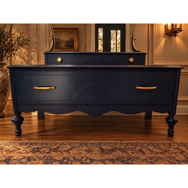 Vintage Gettysburg Furniture - Navy Blue Vanity With Mirror For Sale - Image 4 of 12