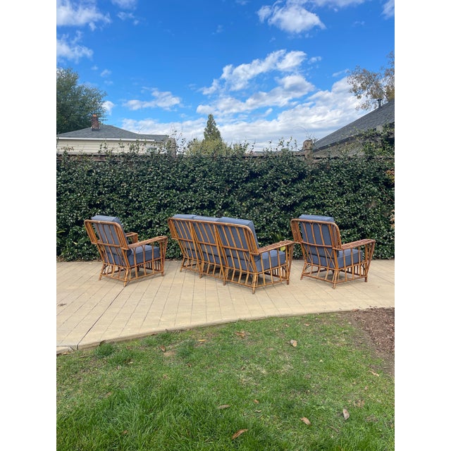 Art Deco 1930s Attributed to Heywood-Wakefield Stick Rattan Art Deco 3-Piece Suite (Sofa + Pair of Lounge Chairs Set) For Sale - Image 3 of 8