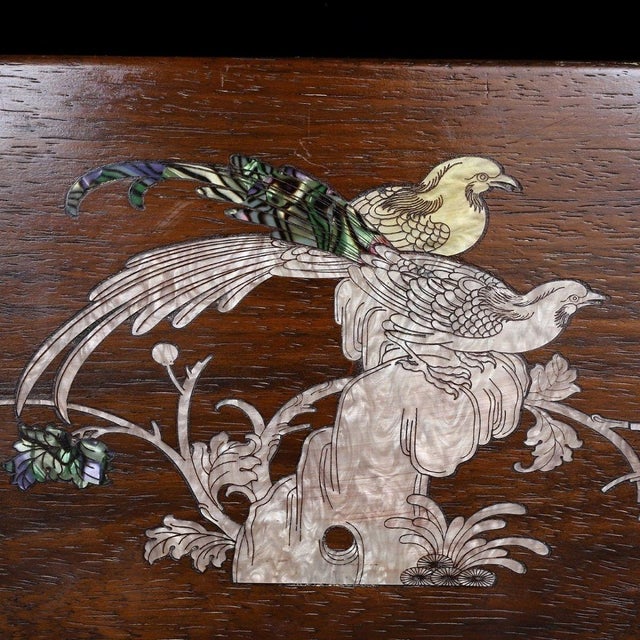 Late 20th Century Wooden Box With Mother-of-Pearl Bird and Floral Inlay For Sale In Los Angeles - Image 6 of 9