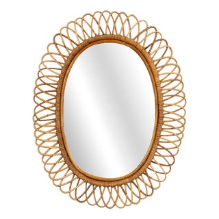 Mid-Century Oval Rattan and Bamboo Wall Mirror attributed to Franco Albini, Italy, 1960s For Sale