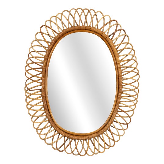Mid-Century Oval Rattan and Bamboo Wall Mirror attributed to Franco Albini, Italy, 1960s For Sale