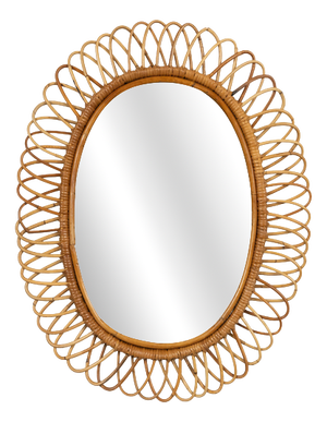 Mid-Century Oval Rattan and Bamboo Wall Mirror attributed to Franco Albini, Italy, 1960s