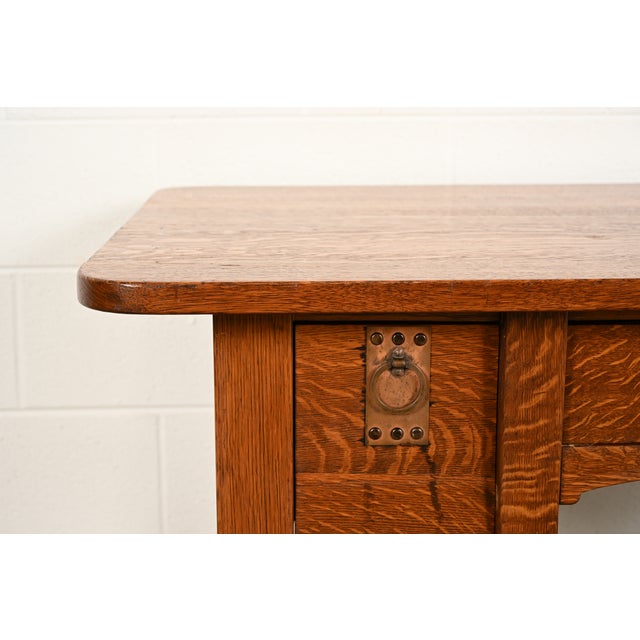 Brown Stickley Brothers Style Antique Mission Oak Arts & Crafts Desk or Writing Table, Circa 1910 For Sale - Image 8 of 15