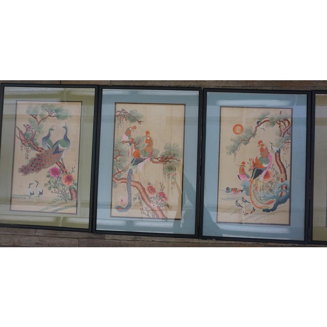 Wonderful Ivory Color With Floral Design Antique Set of Silk Embroidery of Peacock & Phoenix For Sale In New York - Image 6 of 15