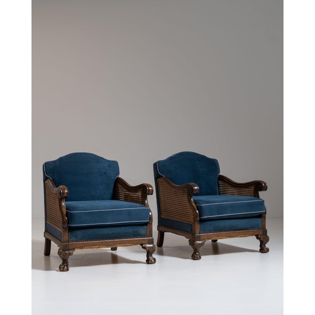 Pair of Early 20th Century British Navy Blue Edwardian Velvet Upholstered Armchairs with Cane Panels For Sale - Image 13 of 15