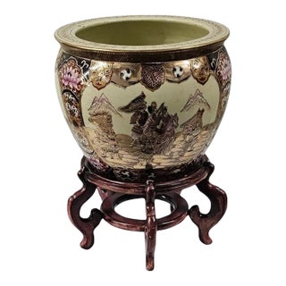 Chinese Oriental Ceramic Fish Bowl, Jardiniere or Planter on Rosewood Stand For Sale