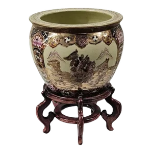 Chinese Oriental Ceramic Fish Bowl, Jardiniere or Planter on Rosewood Stand