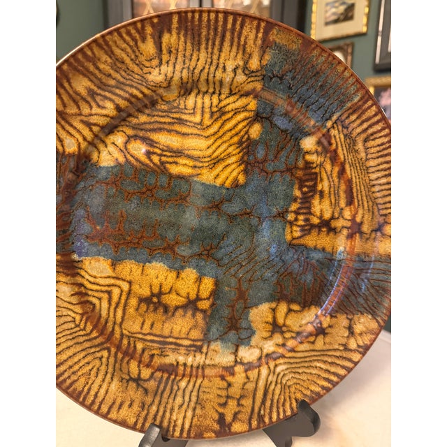 Mid-Century Modern Vintage Frères Cloutier French Studio Art Pottery Charger Plate - Mid Century Modern 11" Abstract Lava Woodgrain Glaze, Signed Cloutier C. 1970 For Sale - Image 3 of 6