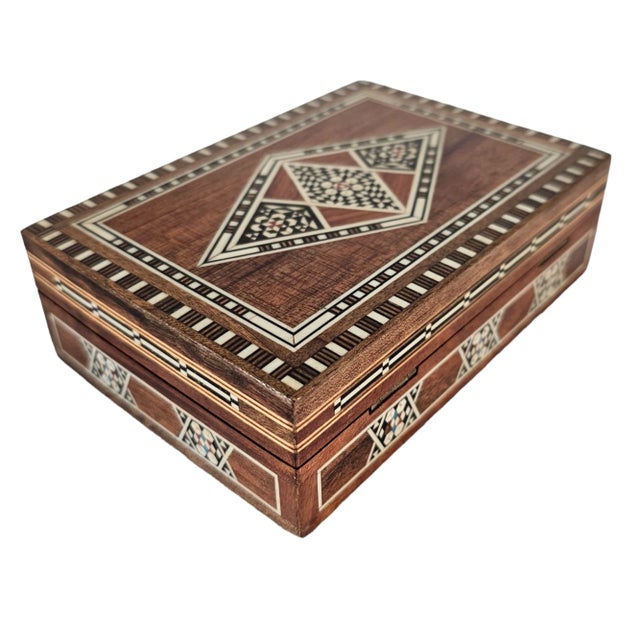 Moroccan Inlaid Marquetry Hardwood Box Ornate Khatam Style For Sale - Image 4 of 9