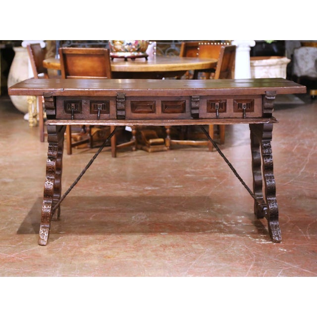 Spanish 18th Century Spanish Carved Walnut Desk With Single Plank Top and Three Drawers For Sale - Image 3 of 15