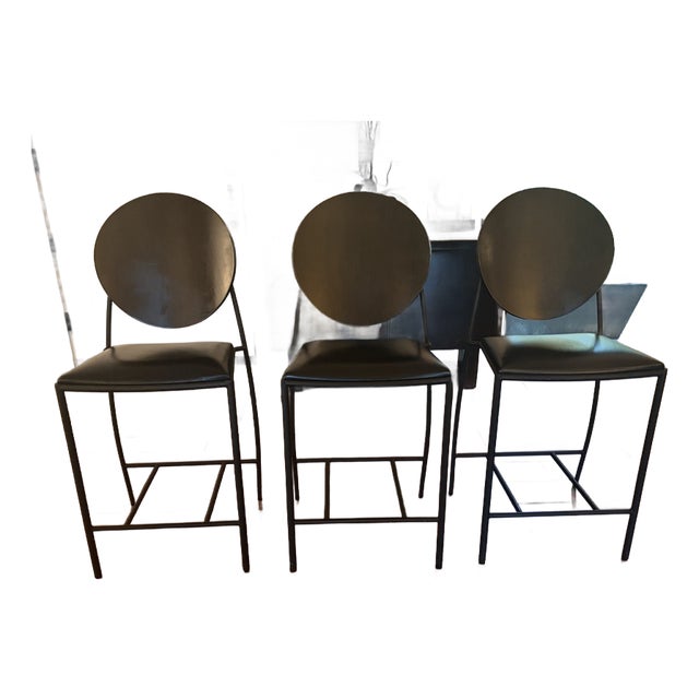 Dakota Jackson "Vik-Ter" Black Leather Counter Stools Set of 3 For Sale