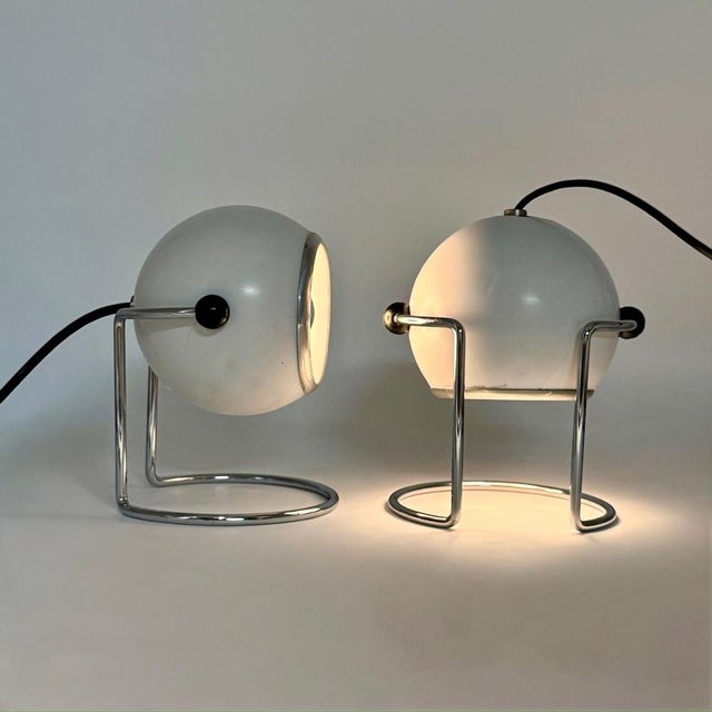 Metal Italian Targetti Sankey Eyeball Lamps in White and Chrome, 1970s, Set of 2 For Sale - Image 7 of 16