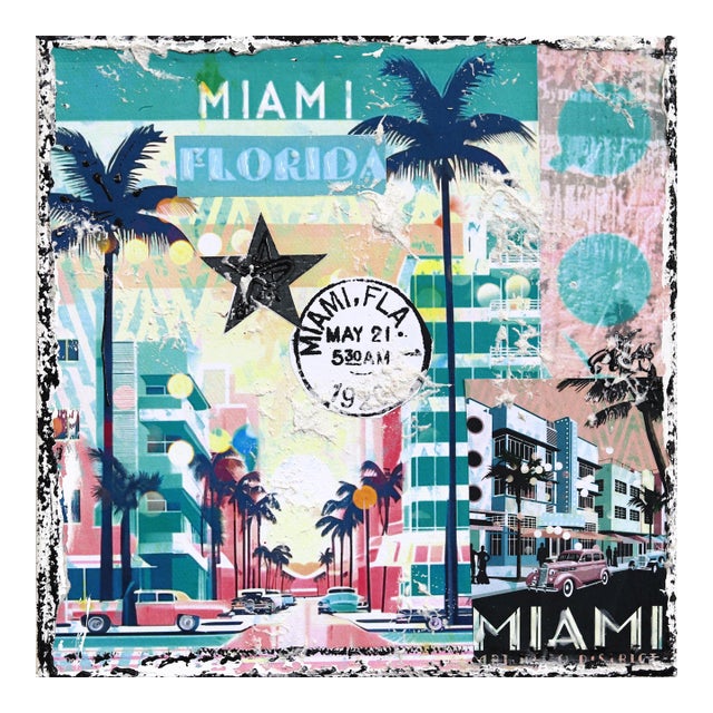 Miami Postcard - Original Mixed Media Pop Art Miami Cityscape on Canvas by Marion Duschletta For Sale