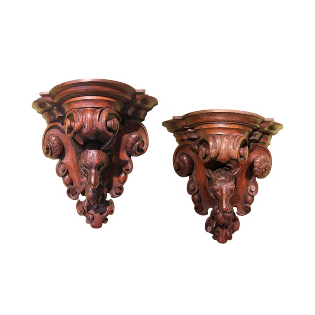 19th Century Black Forest Oak Wall Brackets Carved as Hunting Animal, Set of 2 For Sale