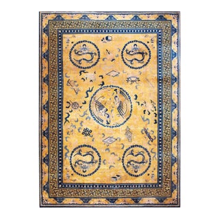 Stunning Gold Background Color With Cute Details of Chinese Culture Antique Rug For Sale