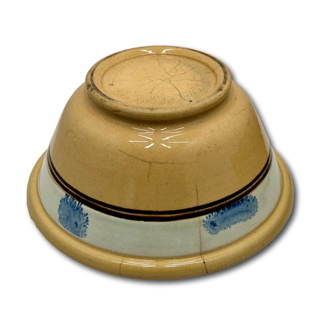 Nice Antique English Blue Seaweed Decorated & Banded Yellow Ware Kitchen Mixing Bowl - Circa Mid 19th Century For Sale - Image 12 of 18