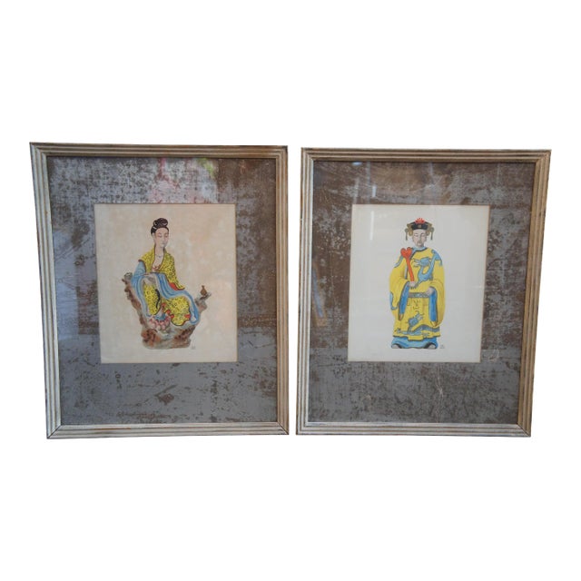 Set of 2 Vintage Jane Gray Chinese Kuan Yen & Chung Li Watercolor Portrait Paintings For Sale