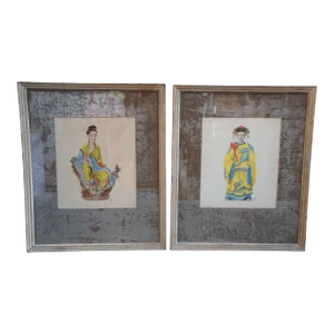 Set of 2 Vintage Jane Gray Chinese Kuan Yen & Chung Li Watercolor Portrait Paintings
