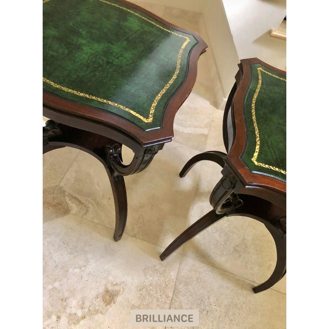 Vintage 1900’s-1940’S Mahogany Green Top Brass Gold Embossed End Tables - a Pair For Sale - Image 9 of 13