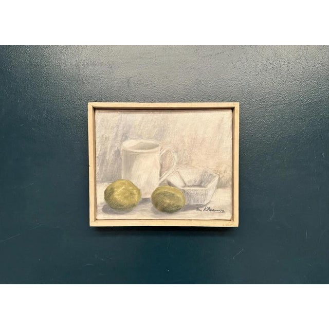 Original swedish oil on canvas – “jug, bowl and fruits” by main klarmo‑kärred – signed ‘m. Klarmo’ – dated 1961 – vintage...