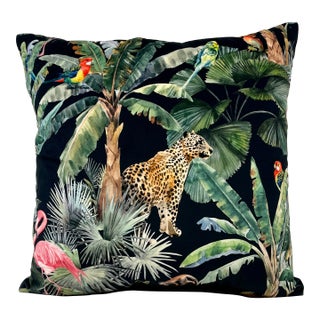 20" Square Decorative Throw Pillow With an Exotic Print Including Leopards, Parrots & Flamingos Among Lush Foliage - Made in the U K For Sale