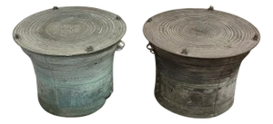 1950s 2 Southeast Asian Bronze Rain Drums with Great Patina