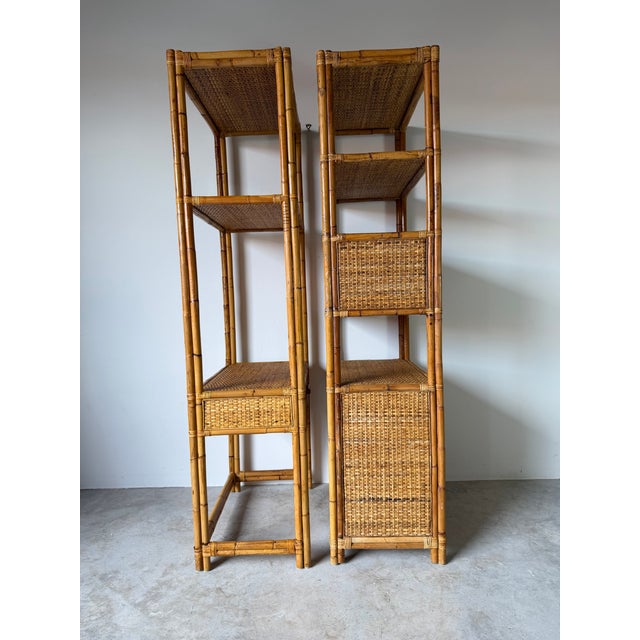 Wood Vintage Coastal Rattan & Bamboo Étagères – A Pair For Sale - Image 7 of 12