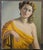 This is a beautiful classical-style portrait of a woman with curly hair, draped in a striking yellow fabric. The painting...
