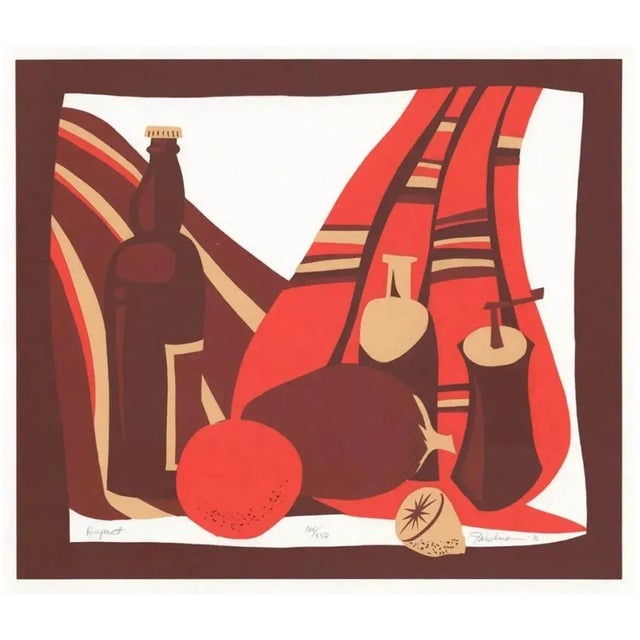 Screen print by New York artist S. Martin Friedman of a modern still-life. Pencil signed, dated 1970, titled "Repast"...
