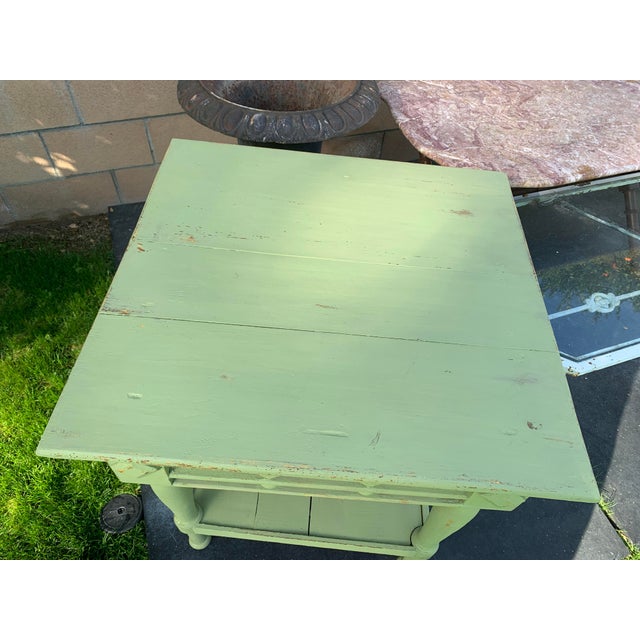 Antique Primitive Work Table Rustic Green Paint For Sale - Image 4 of 13