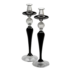 Late 20th Century Art Deco Style Pair of Black Crystal Italian Candlesticks - a Pair