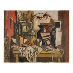 Frederick Robbins Childs (1908-1978) - Modernist Still Life With a Caliper, Signed (Ca. 1960, Oil on Canvas)/Braque