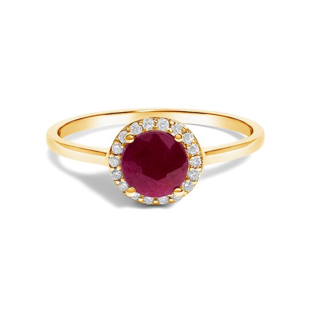 Contemporary 10K Yellow Gold Red Ruby and 3/8 Cttw Diamond Halo Jewelry Set (Earrings, Pendant & Ring) For Sale - Image 3 of 6