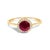 Contemporary 10K Yellow Gold Red Ruby and 3/8 Cttw Diamond Halo Jewelry Set (Earrings, Pendant & Ring) For Sale - Image 3 of 6