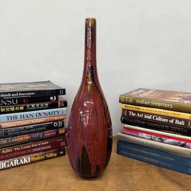 Red and Black Glazed Ceramic Vase with Skinny Neck For Sale - Image 4 of 9