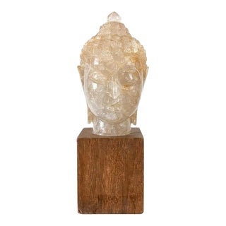 Fine Large Rock Crystal Hand Carved Head of Buddha on the Wood Base For Sale