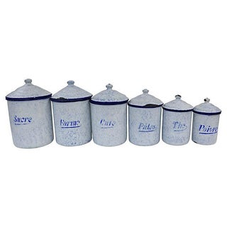 Vintage French Enamel Kitchen Canisters - Set of 6 For Sale