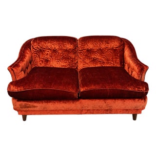 1970s Burnt Orange Crushed Velvet Curved Loveseat For Sale