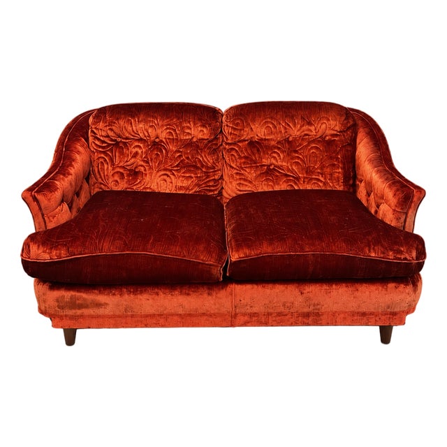 1970s Burnt Orange Crushed Velvet Curved Loveseat For Sale