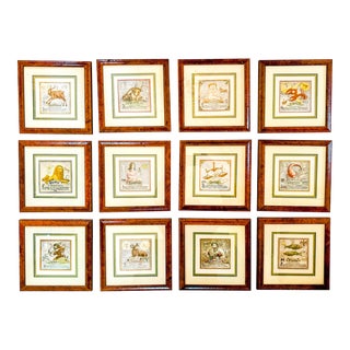 Early 20th Century Vintage German Zodiac Astrology Series, Set of 12 Framed Art Print Das Tierkreiszeichen For Sale