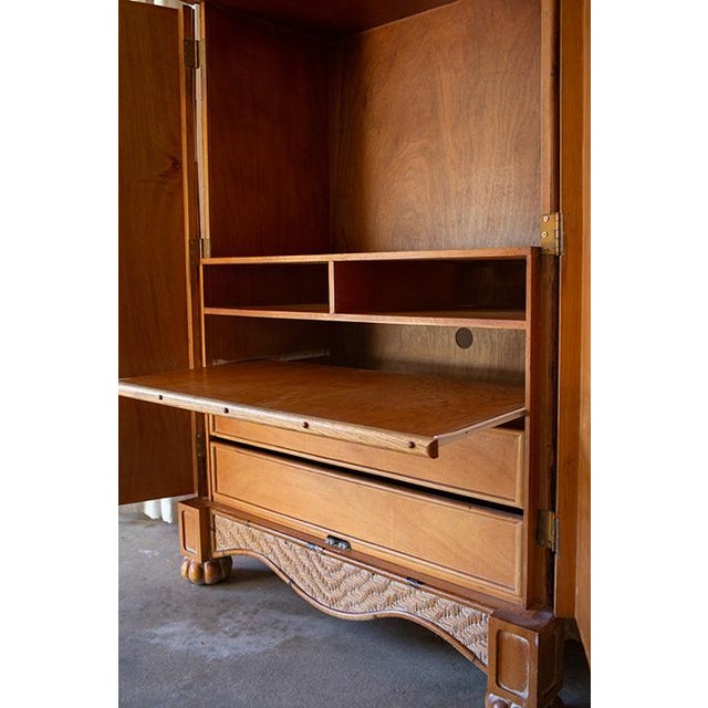 Wood 1970's Rattan Etched Wood Safari Armoire Wardrobe Storage Cabinet For Sale - Image 7 of 14