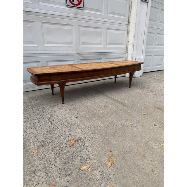 Mid-Century Modern Vintage Mid-Century Modern Burl Wood Coffee Table With Inlaid Top, Tapered Legs and Brass Feet For Sale - Image 3 of 12