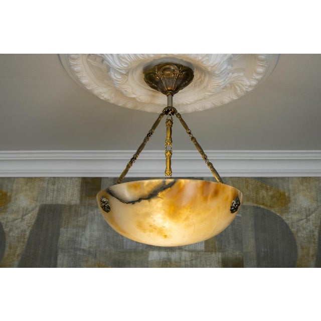 French Art Deco Cream Alabaster and Brass Pendant Light, 1920s For Sale - Image 4 of 18