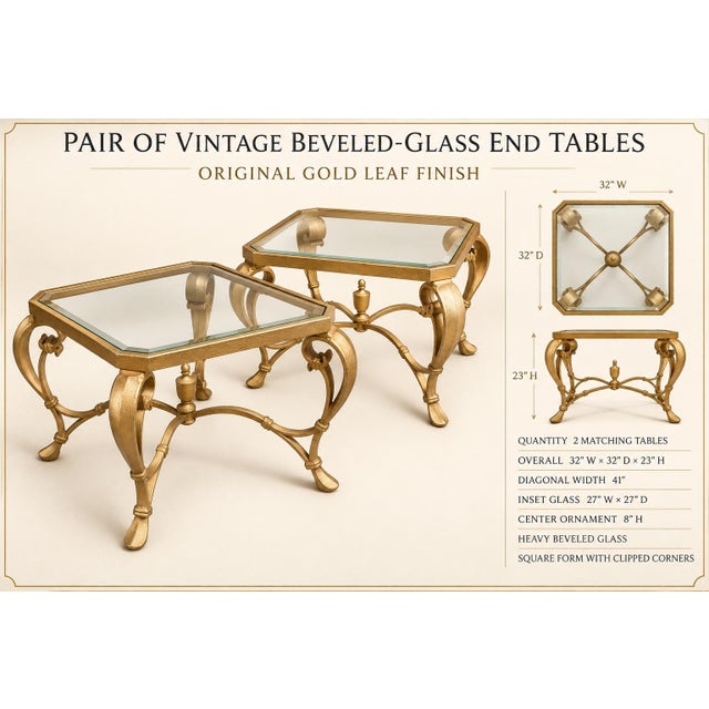 Pair of Vintage Hollywood Regency Gold Leaf Beveled Glass End Tables For Sale - Image 4 of 7