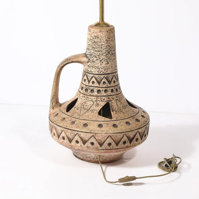 Mid-Century Ceramic Table Lamp W/ Geometric Umber Motifs & Organic Cutout Detail For Sale - Image 10 of 14