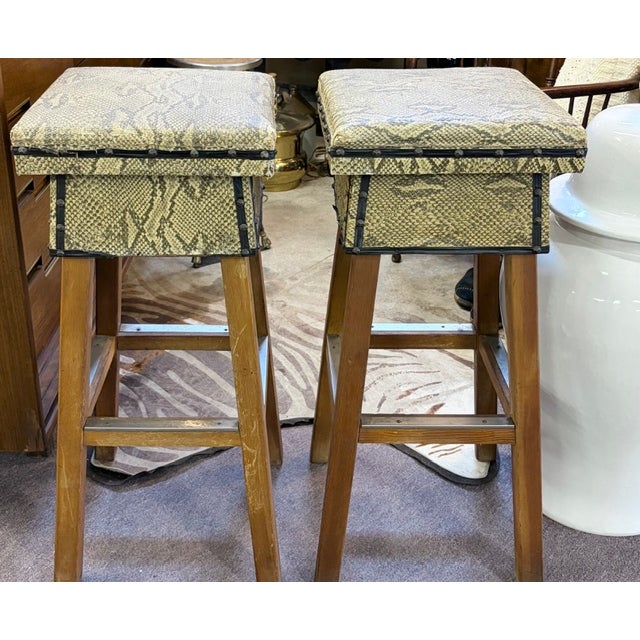 Mid Century Faux Snakeskin Upholstered Wood Stools - Signed For Sale - Image 13 of 15