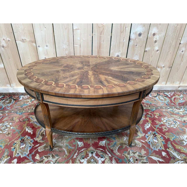 Metal Oval Coffee Table in Marquetry and Brass Gallery with Bronze Feet, 1890s For Sale - Image 7 of 7