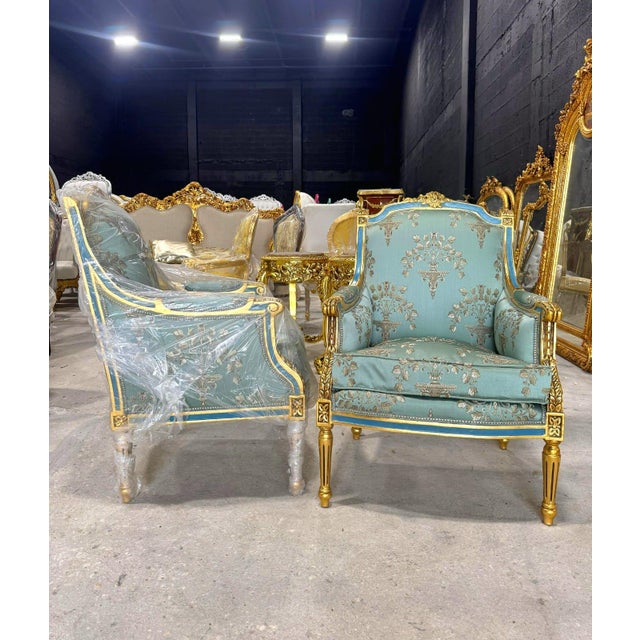 French Louis XV Style Blue-Green Bergere Wing Chair Set of 2 Chairs For Sale In Miami - Image 6 of 7